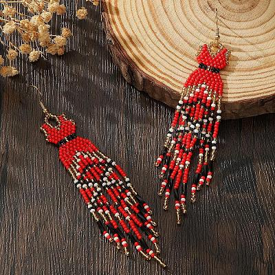 Handmade Bohemian Glass Seed Beads Long Dress Tassel Dangle Earrings MO3708-1-1