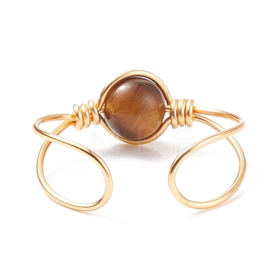 Natural Tiger Eye Round Beaded Open Cuff Ring RJEW-TA00041-01-1