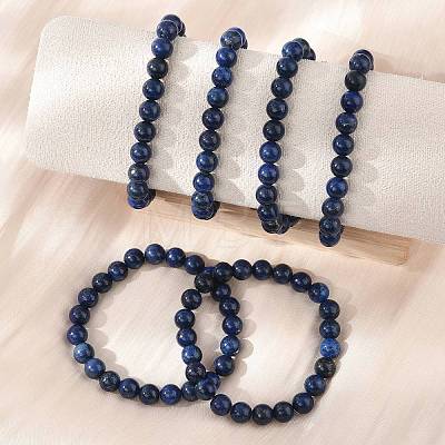 Natural Lapis Lazuli Beaded Stretch Bracelet X-BJEW-F203-06-1