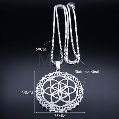201 Stainless Steel Flower of Life Pendant Box Chain Necklaces for Women FS-WGA65E4-01-1