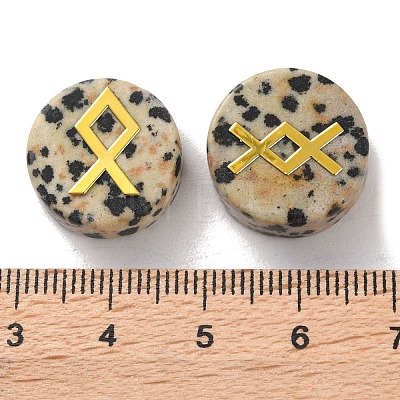 Brass Elder Futhark Alphabet Engraved Symbol Flat Round Natural Dalmatian Jasper Rune Stones G-I373-01D-1