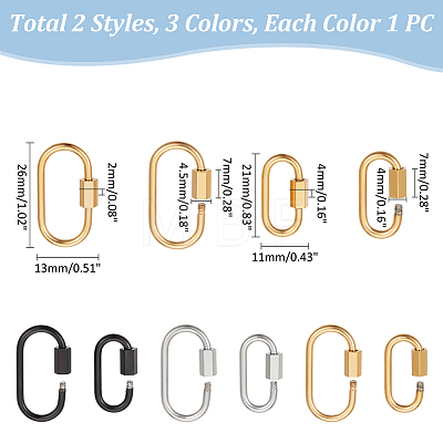 6Pcs 6 Styles 304 Stainless Steel Screw Carabiner Lock Charms STAS-UN0055-95-1