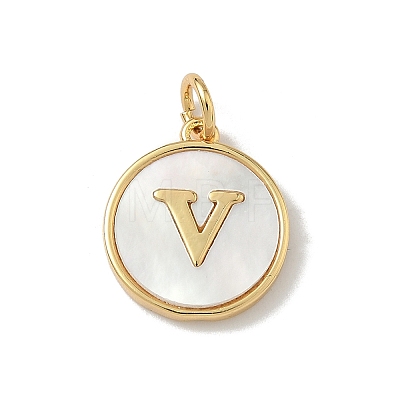 Brass Pave Natural Shell Flat Round with Letter Charms KK-Z115-13G-V-1