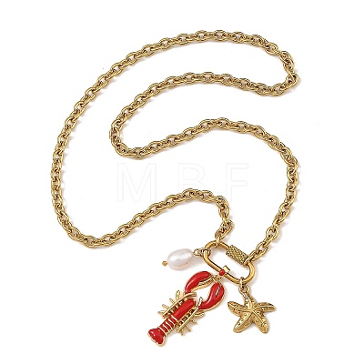 Ocean Brass Enamel Red Lobster Pendants 304 Stainless Steel Cable Chain Necklaces for Women NJEW-JN06483-01-1