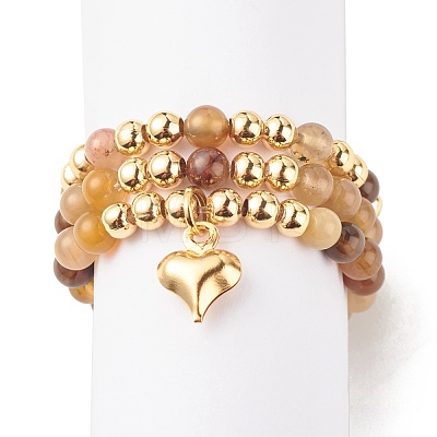3Pcs 3 Style Natural Gemstone & Brass Beaded Finger Rings with 304 Stainless Steel Heart Charms for Women RJEW-JR00470-1
