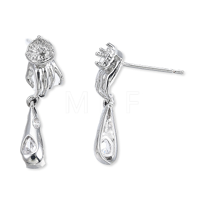 Brass Pave Clear Cubic Zirconia Hand with Teardrop Dangle Stud Earring Findings KK-N232-477P-A-1