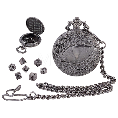 Vintage Alloy Flat Round Dragon Eye Pocket Watch with Brass Curb Chain AJEW-PH0007-67B-1