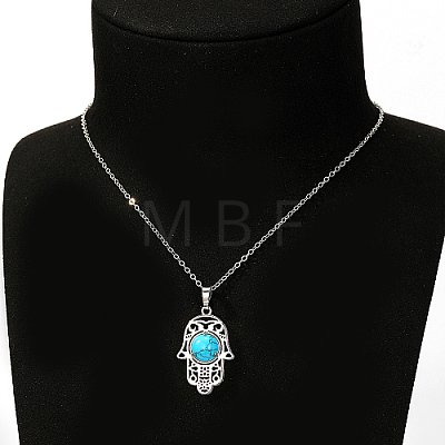 Hamsa Hand Brass Pendant Necklaces with Synthetic Turquoise UG2706-1-1