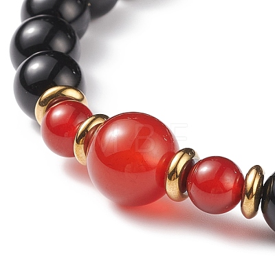 Natural Red Agate Carnelian(Dyed & Heated) & Black Onyx Round Beaded Stretch Bracelet BJEW-JB08642-1