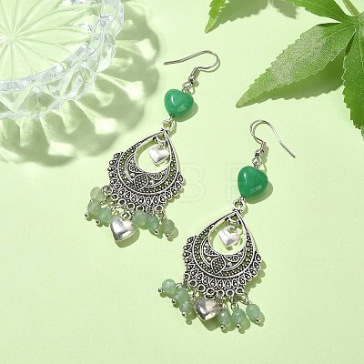 Natural Green Aventurine &  Malaysia Jade (Dyed) Heart Chandelier Earrings EJEW-JE05364-02-1