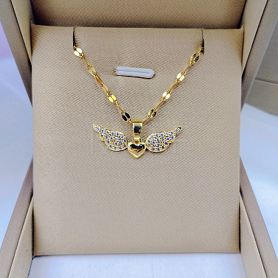 Brass Micro Pave Clear Cubic Zirconia Angel Wing Heart Pendant Necklaces FS-WG253B6-01-1