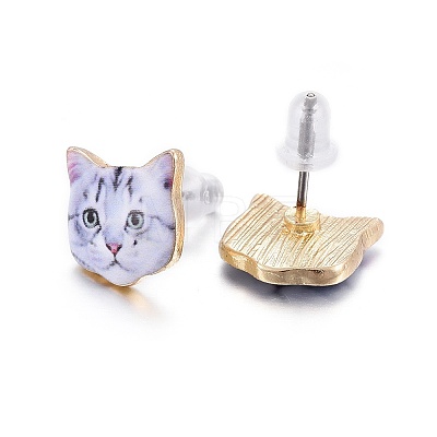 Real 14K Gold Plated Alloy Kitten Stud Earrings EJEW-G148-01G-04-1