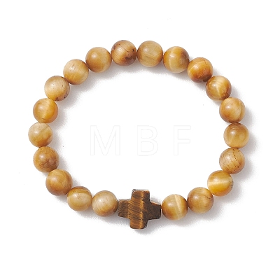 Natural Tiger Eye Round Beads Stretch Bracelets BJEW-JB13370-02-1