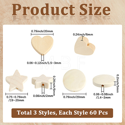 180Pcs 3 Styles Wood Beads WOOD-PA0001-63-1