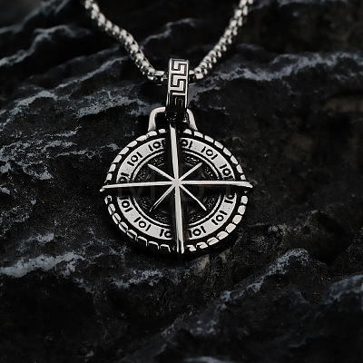 Vintage 304 Stainless Steel Viking Star Compass Pendant Box Chain Necklaces for Men WG56084-01-1