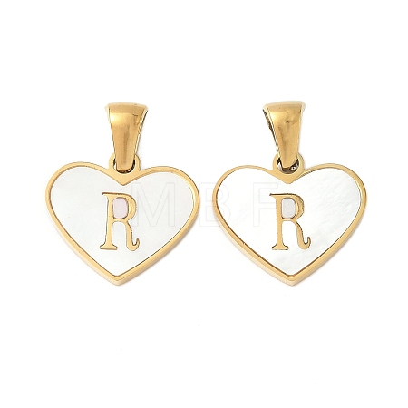 304 Stainless Steel Pave Natural White Shell Heart with Initial Slice Pendants STAS-R168-25G-R-1