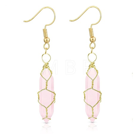 Rose Quartzl Hexagon Handmade Copper Wire Wrapped Earrings Natural Stone Column Earrings ND6138-2-1