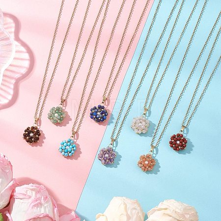 Natural Mixed Gemstone Cluster Flower Pendant 304 Stainless Steel Cable Chain Necklaces with Glass Seed Baeds NJEW-MZ00142-1