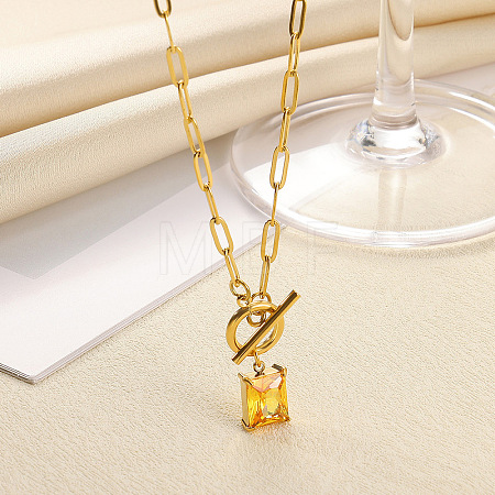 304 Stainless Steel Pave Cubic Zirconia Square Birth Stone Pendant OT Necklaces FS-WGEE56A-08-1