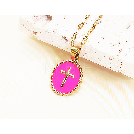 201 Stainless Steel Enamel Oval with Cross Pendant Necklaces FS-WG9DA99-04-1