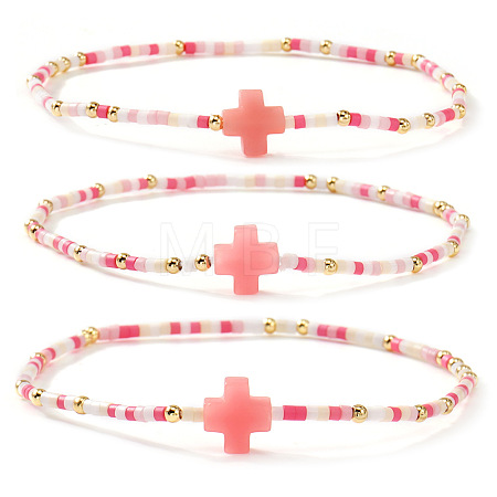 3Pcs Bohemian Cross Charm Glass Seed Bead & Brass Beads Stretch Bracelet for Women SA4132-1-1