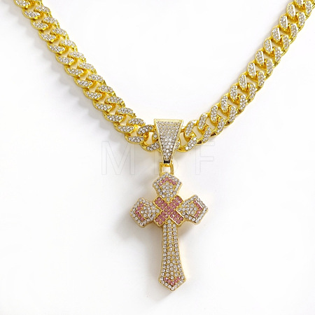 Hiphop Style Zinc Alloy Full Crystal & Rose Rhinestone Religion Cross Pendant Cuban Link Chain Necklaces for Men WG1F4FB-04-1