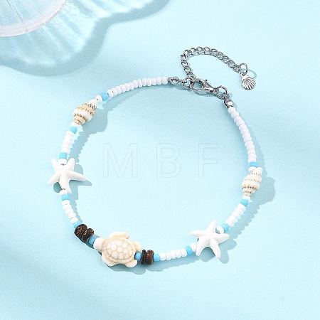 Boho Sea Turtle & Starfish Shell & Synthetic Turquoise Beaded Anklets AJEW-AN00783-1