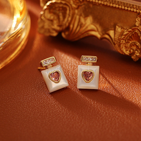 Brass & Natural Shell & Cubic Zirconia Stud Earrings WGADA0A-02-1