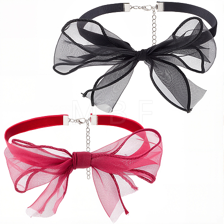 2Pcs 2 Colors Gauze Bowknot Fabric Choker Necklaces for Women AJEW-CP0011-95-1