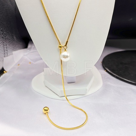 White Round Plastic Pearl Tassel 304 Stainless Steel Round Snake Chain Lariat Necklaces for Women WG7536F-02-1