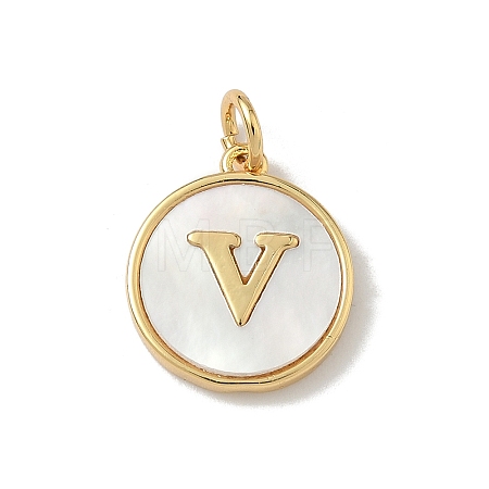 Brass Pave Natural Shell Flat Round with Letter Charms KK-Z115-13G-V-1