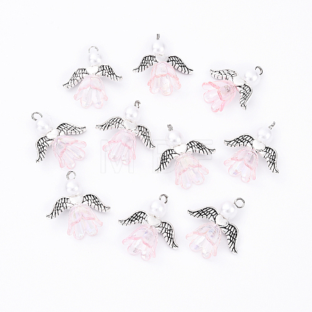 10Pcs Acrylic & Imitation Pearl Flower Angel Pendants PALLOY-YW00055-09-1