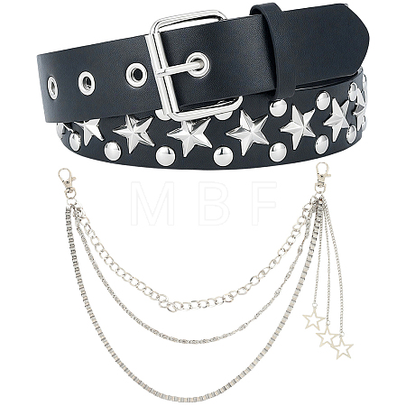 2Pcs 2 Styles Alloy Star & Black PU Leather Chain Belts DIY-CL0002-54-1