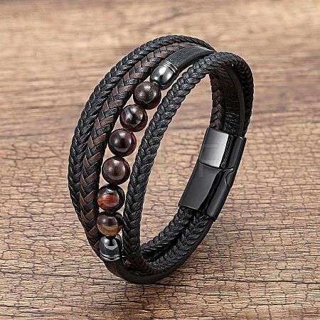 Natural Tiger Eye Round Beads & Braided Imitation Leather Cord Bracelets for Men FS-WGCE7B3-21-1