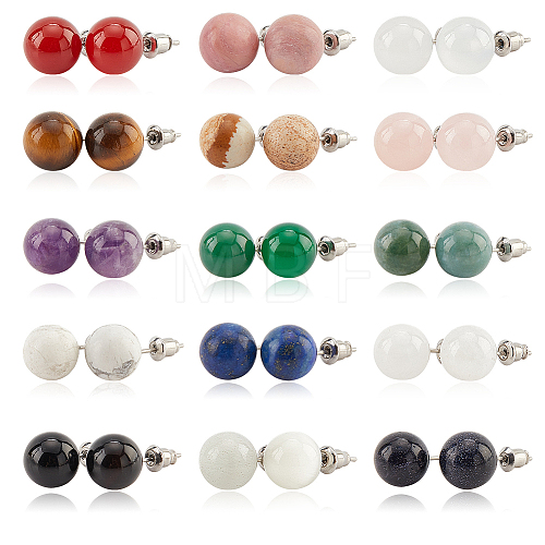 15 Pairs 15 Style Natural & Synthetic Mixed Gemstone Round Stud Earrings EJEW-AN0003-28-1