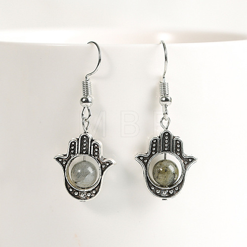 Natural Crystal Stone Hamsa Hand & Round Dangle Earrings UB8598-7-1