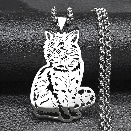 304 Stainless Steel Box Chain Hollow Cute Cat Pendant Necklaces NJEW-S003-09P-1