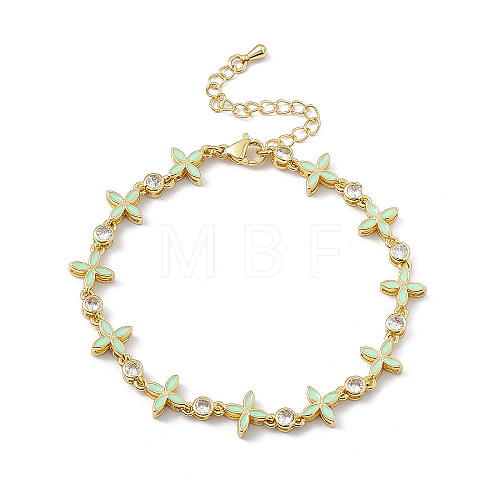 Pale Green Enamel Flower & Cubic Zirconia Link Chain Bracelet BJEW-P288-11G-1
