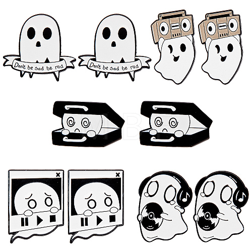 10Pcs 5 Styles Ghost with Word & Musical Instruments & Radio & Headset Enamel Pin JEWB-CP0001-08-1