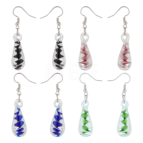 4 Pairs 4 Colors Glass Teardrop with Spiral Pattern Dangle Earring EJEW-FI0001-07-1