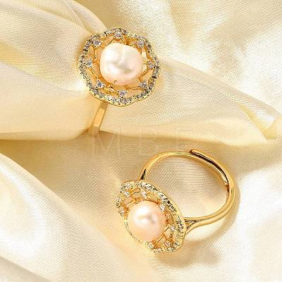 Flower Natural Pearl Adjustable Rings RJEW-P113-19G-1