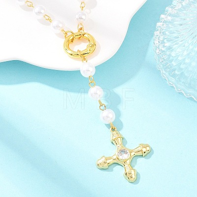 Brass Pave Clear Cubic Zirconia Cross Y Pendant Necklaces with ABS Imitation Pearl Handmade Link Chain NJEW-F364-06G-1