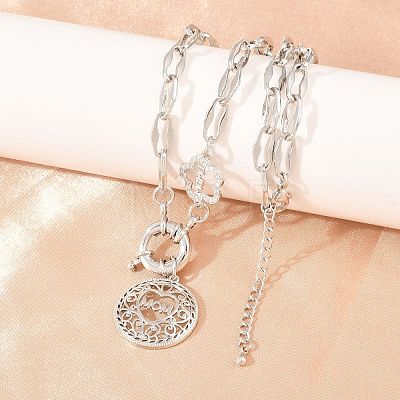 Mother's Day Brass Micro Pave Clear Cubic Zirconia Hollow Flat Round with Heart Mama Pendant Necklaces for Women NJEW-A071-05P-1