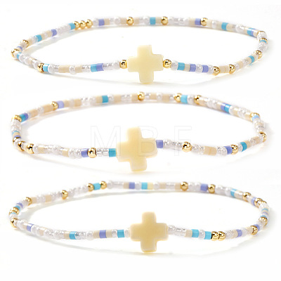 3Pcs Bohemian Cross Charm Glass Seed Bead & Brass Beads Stretch Bracelet for Women SA4132-6-1