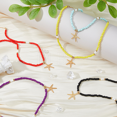 FIBLOOM 5Pcs 5 Colors Alloy Starfish Pendant Necklaces Set with Glass Beaded Chains NJEW-FI0001-39-1