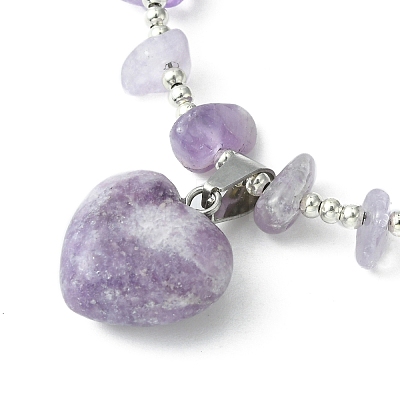 Natural Lilac Jade Heart Charm Bracelet with Chips Beaded Chains BJEW-TA00295-02-1