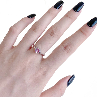 Pink Cubic Zirconia Heart Rotating Finger Ring RJEW-F150-63B-P-1