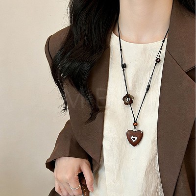 Adjustable Wood Heart Pendant Black Waxed Cord Long Necklaces with Resin Flower for Women WG3A463-01-1