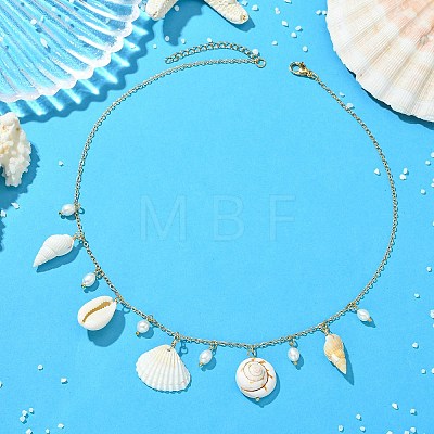 Ocean Natural Mixed Shell & Pearl Multiple Pendant Necklaces NJEW-TA00244-1