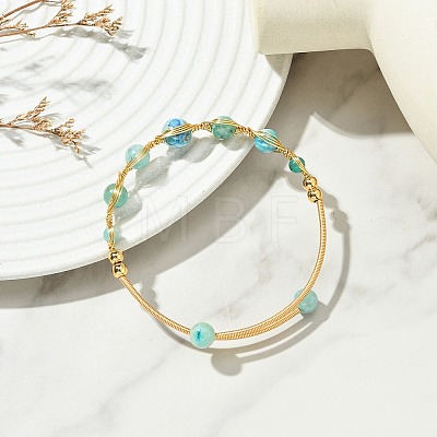 Herringbone Wire-Wrapped Natural Hemimorphite Brass Cuff Bangles BJEW-JB14039-02-1